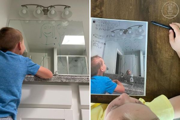 Harry Potter Mirror of Erised Activity - An side by side picture. On the left is a view from behind a child is looking up at a bathroom mirror that has two stick figures drawn on with dry erase marker. On the right is an overhead view of the child looking at a printed picture of the image on the left. He has written on the printed picture.