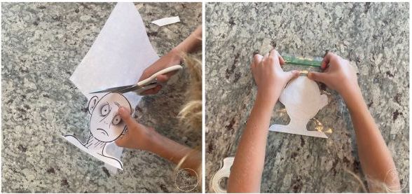 Harry Potter Defeat Voldemort Activity - A side by side picture. On the left, a child is cutting out Voldemort's head from the printable. On the right the child is taping it face down to the baggie
