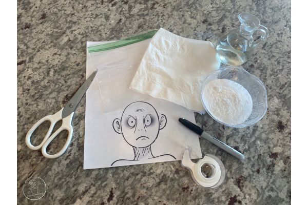 Harry Potter Defeat Voldemort Activity - Supplies needed for the activity (napkin, scissors, tape, permanent marker, backing soda, vinegar and the printable) are all spread out on a countertop