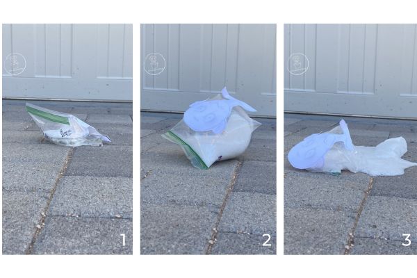 This image has three images side by side. The first shows the bag, after being shaken, laying on the ground. The second image shows the bag inflated, about to burst. The third shows the bag has exploded and the contents have oozed out.